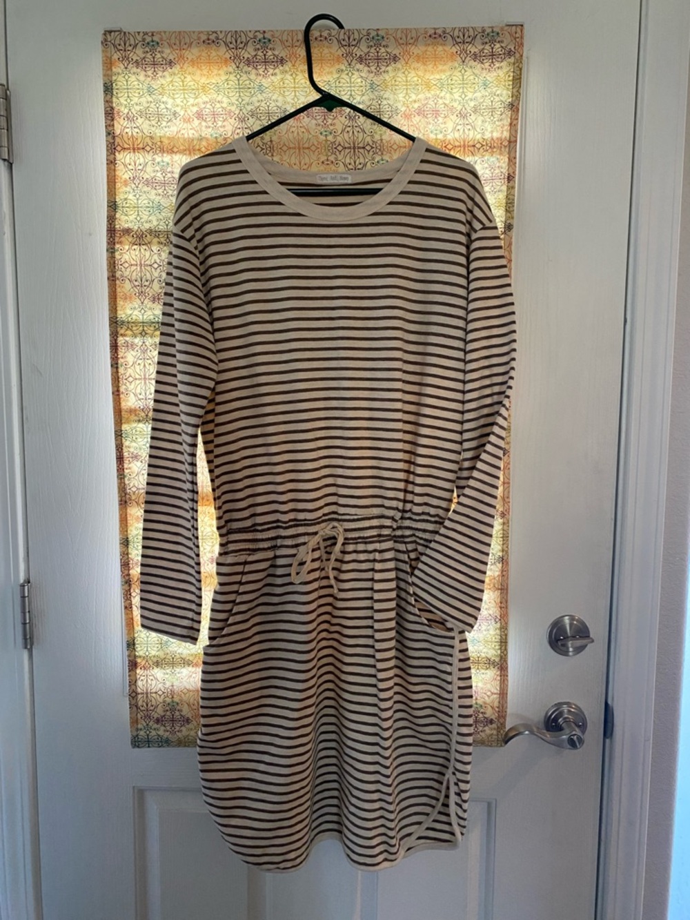 Striped Long-Sleeve Tie-Waist Dress in Cream and Black